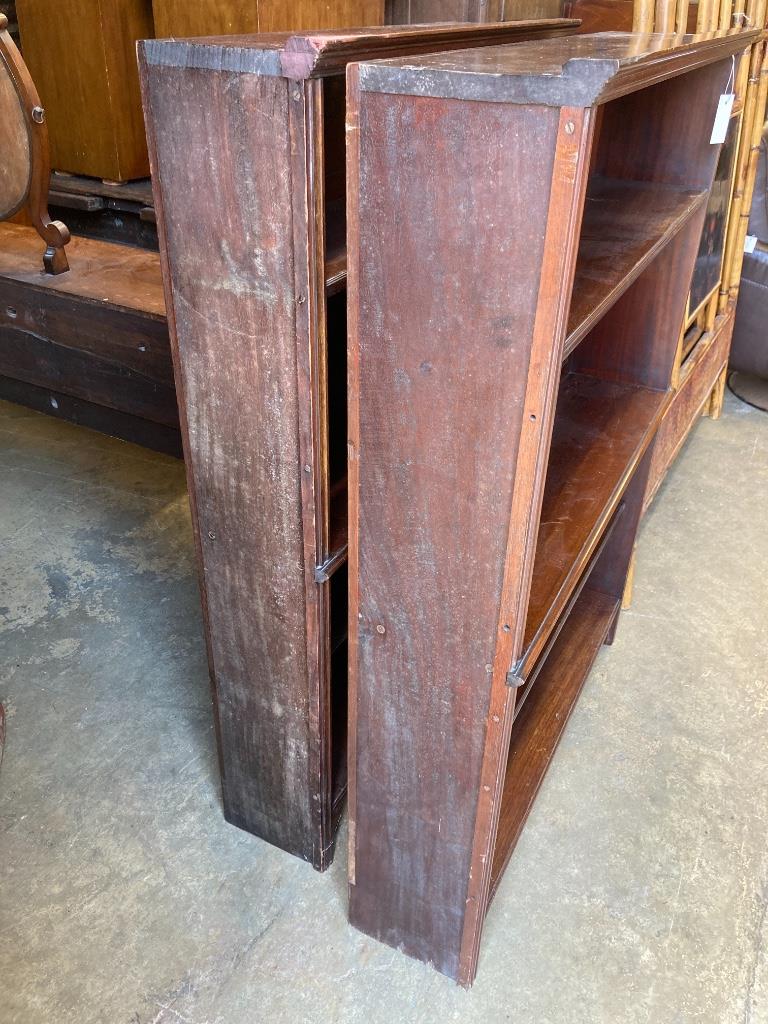 Two Victorian mahogany bookshelves, width 93cm, depth 24cm, height 127cm (adapted)